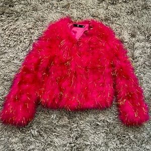 Missguided Cropped Faux Fur Coat in Fushia Pink/Gold Tinsel